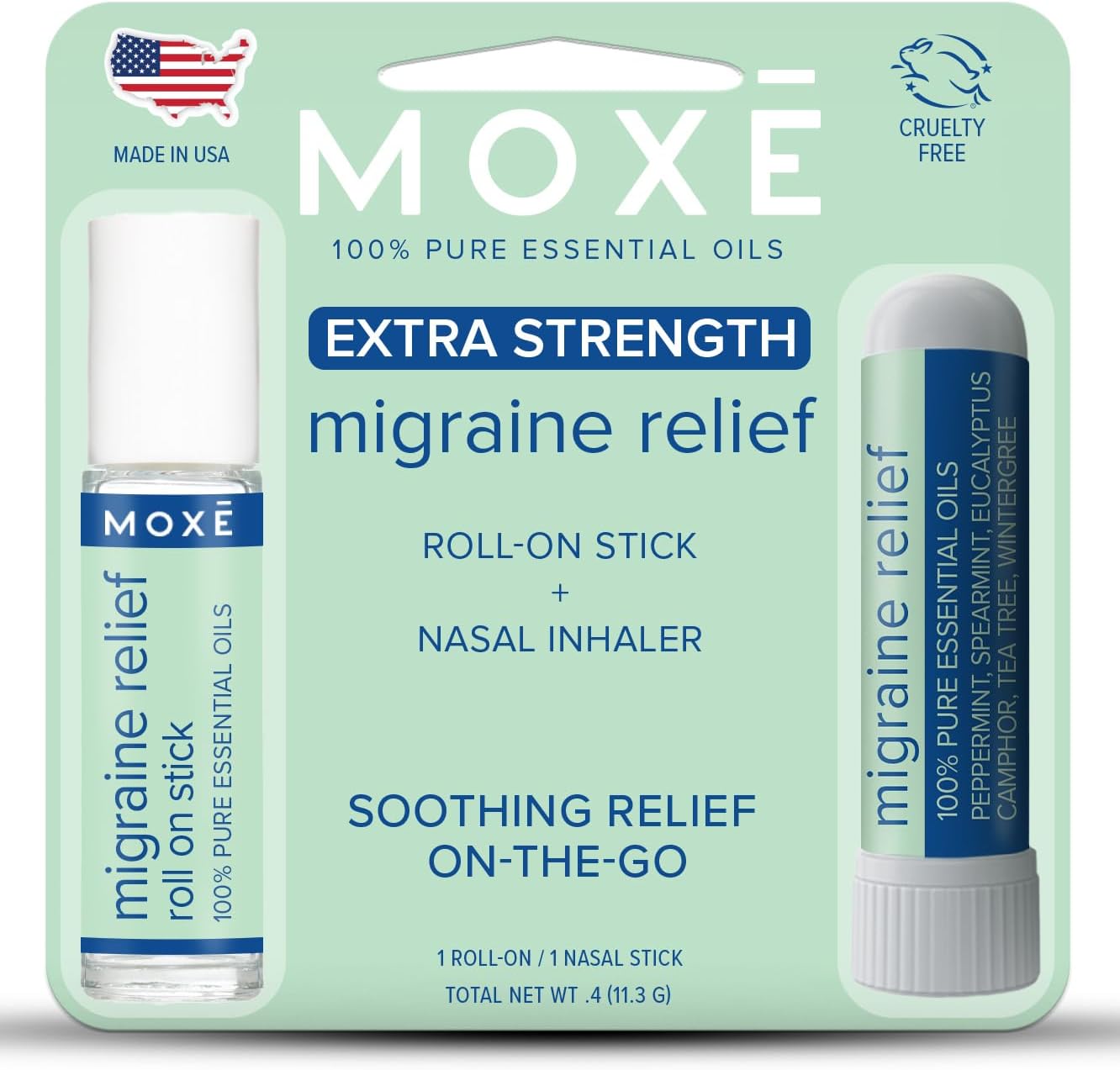 MOXE Migraine Rollon Stick & Nasal Inhaler, Fast Cooling Comfort for Headaches & Tension, Non-Medicated Soothing Vapors, Peppermint, Eucalyptus, and Other Essential Oils, Metal Roller, Made in USA