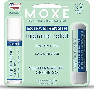 MOXE Migraine Rollon Stick & Nasal Inhaler, Fast Cooling Comfort for Headaches & Tension, Non-Medicated Soothing Vapors, Peppermint, Eucalyptus, and Other Essential Oils, Metal Roller, Made in USA