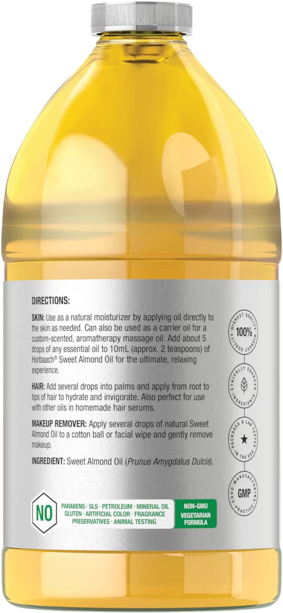 Horbäach Sweet Almond Oil | 64 fl oz | For Skin and Hair | Cold Pressed | Pure Moisturizing Liquid | Vegetarian, Non-GMO, and Gluten Free