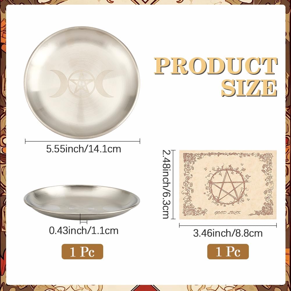 CREATCABIN Moon Ritual Plate Altar Plate Stainless Steel Flat Bowl Round Tray Prayer Offering Bowl Dish Candle Holder for Smudging Incense Burner Meditation Tarot Jewelry Dowsing Divination 5.55Inch