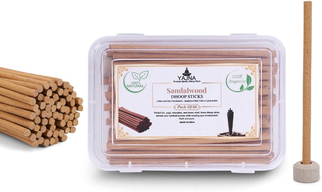 Yajna Sandalwood-100%-Natural-Incense-Bambooless-Dhoop-Sticks Handmade-Organic-Chemicals-Free for-Purification-Relaxation-Positivity-Yoga-Meditation The-Best-scents-4.5-Inches-60-Count