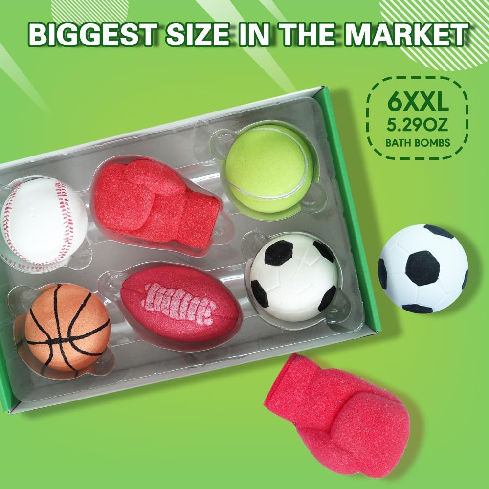 HZEX Sports Themed Bath Bombs Gift Set – 6 Piece Novelty Fizzy Balls with Basketball, Tennis, Baseball, Soccer, Football & Boxing – Fun Spa Kit for Kids, Teens, Men & Women – Self Care & Relaxation