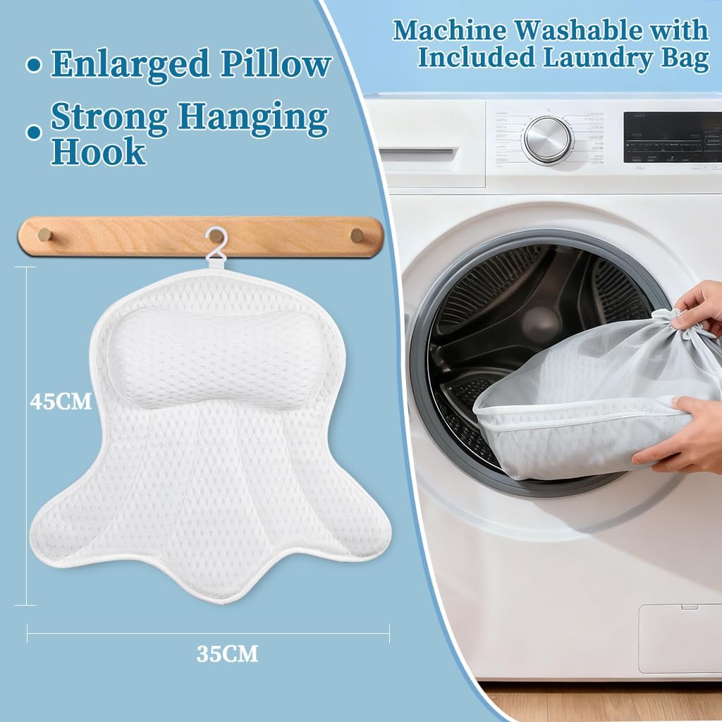 AmazeFan Luxury Bath Pillow,Ergonomic Bathtub Spa Pillow with 4D Air Mesh Technology and 6 Suction Cups,Helps Support Head,Back and Neck,Fits All Bathtub,Hot Tub and Home Spa (US Patent) (White)