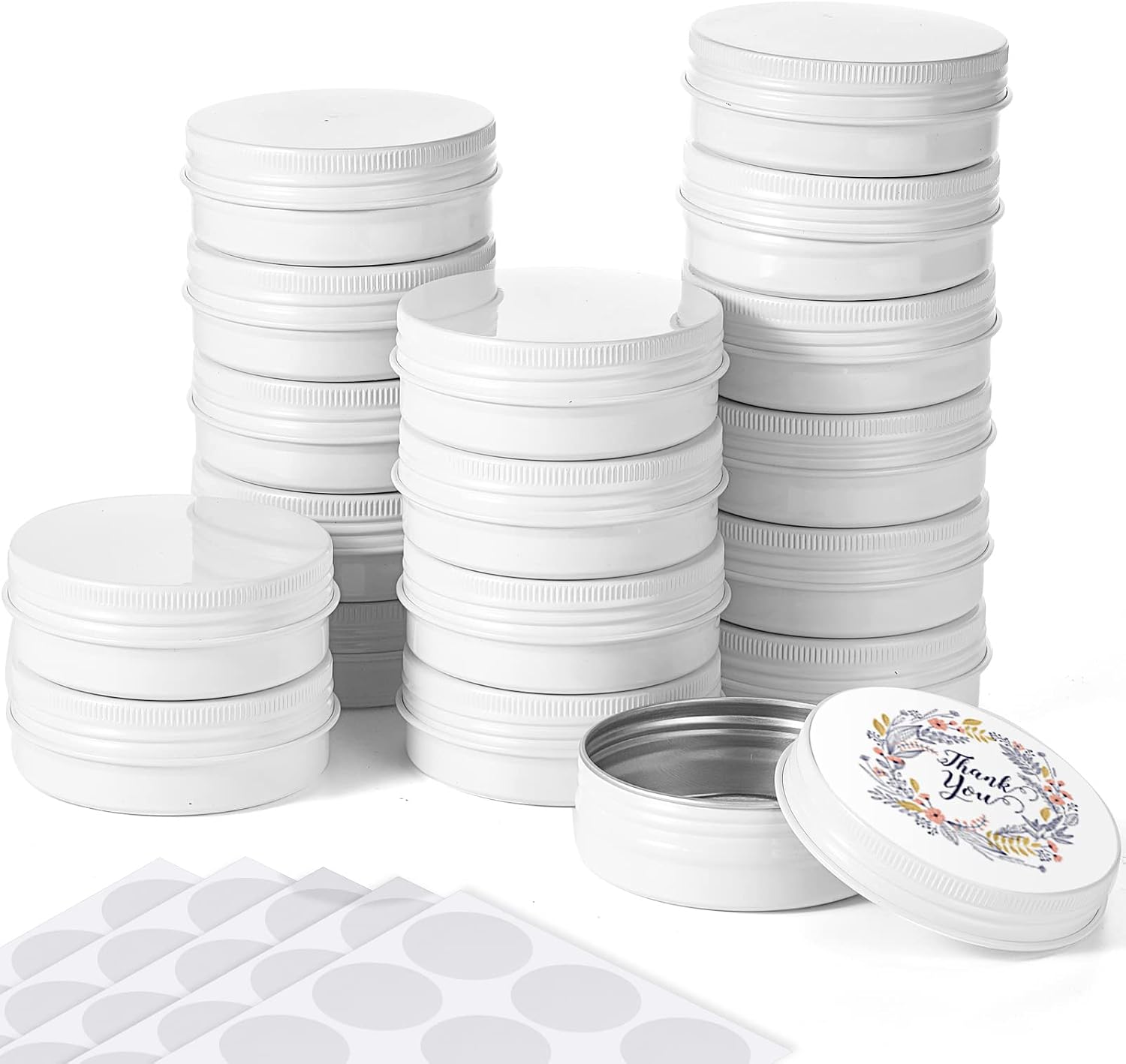 Patelai 2 oz White Metal Round Tins Aluminum Tin Cans Salve Tins Containers with Screw Lid 10 Sheets Stickers for Salve Spice Candies Balms Candles, 36 Pack (Classic Style)