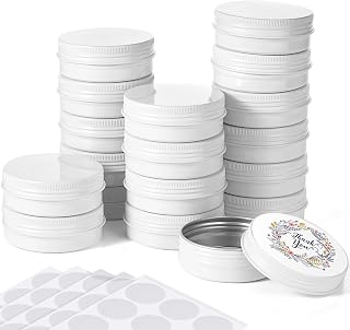 Patelai 2 oz White Metal Round Tins Aluminum Tin Cans Salve Tins Containers with Screw Lid 10 Sheets Stickers for Salve Spice Candies Balms Candles, 36 Pack (Classic Style)