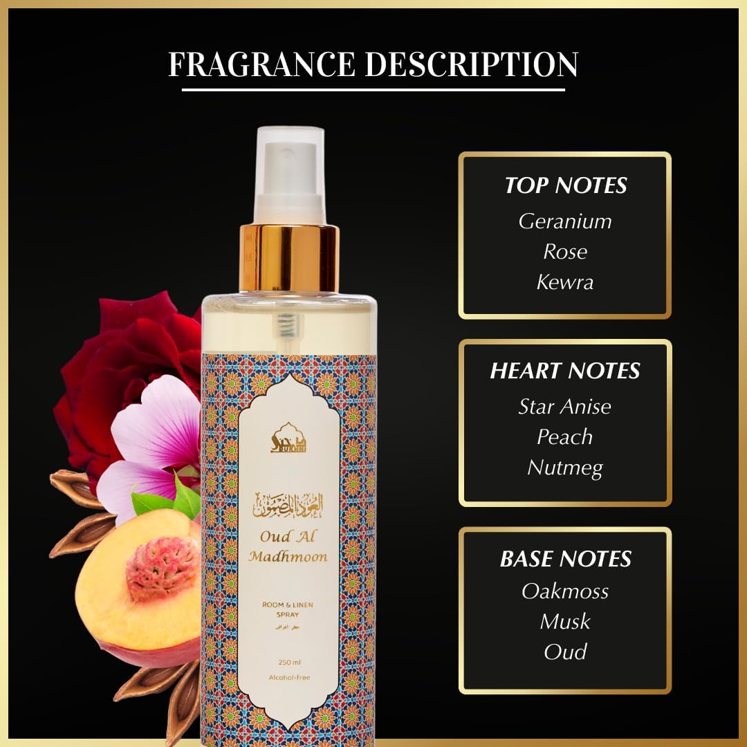 Oud al Madhmoon Arabic Room Spray by Dukhni | 250ml Oud fragrance Air Freshener, Attar al Faraash for home & prayer mats | Bed linen, Sofa Mist, natural home scent, curtain spray, odour eliminator