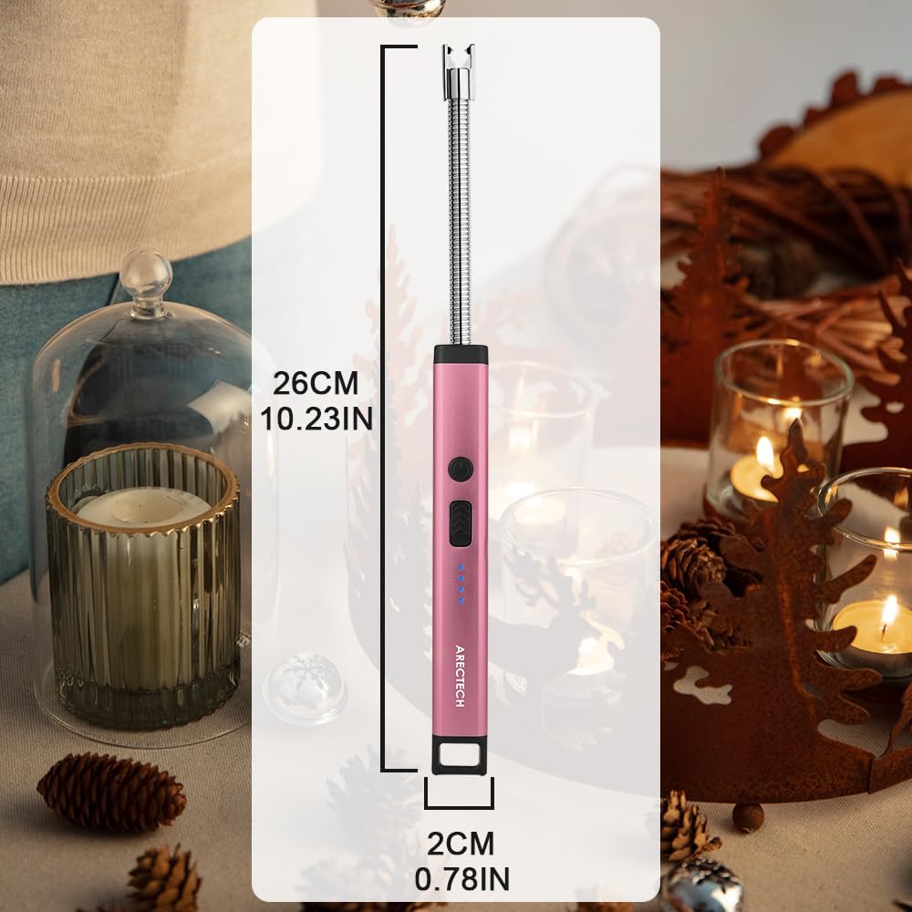 ARECTECH Candle Electric Lighter Rechargeable USB Arc Lighter for Candle Camping Fireworks Christmas Birthday Gifts with LED Light for Men Women Pink