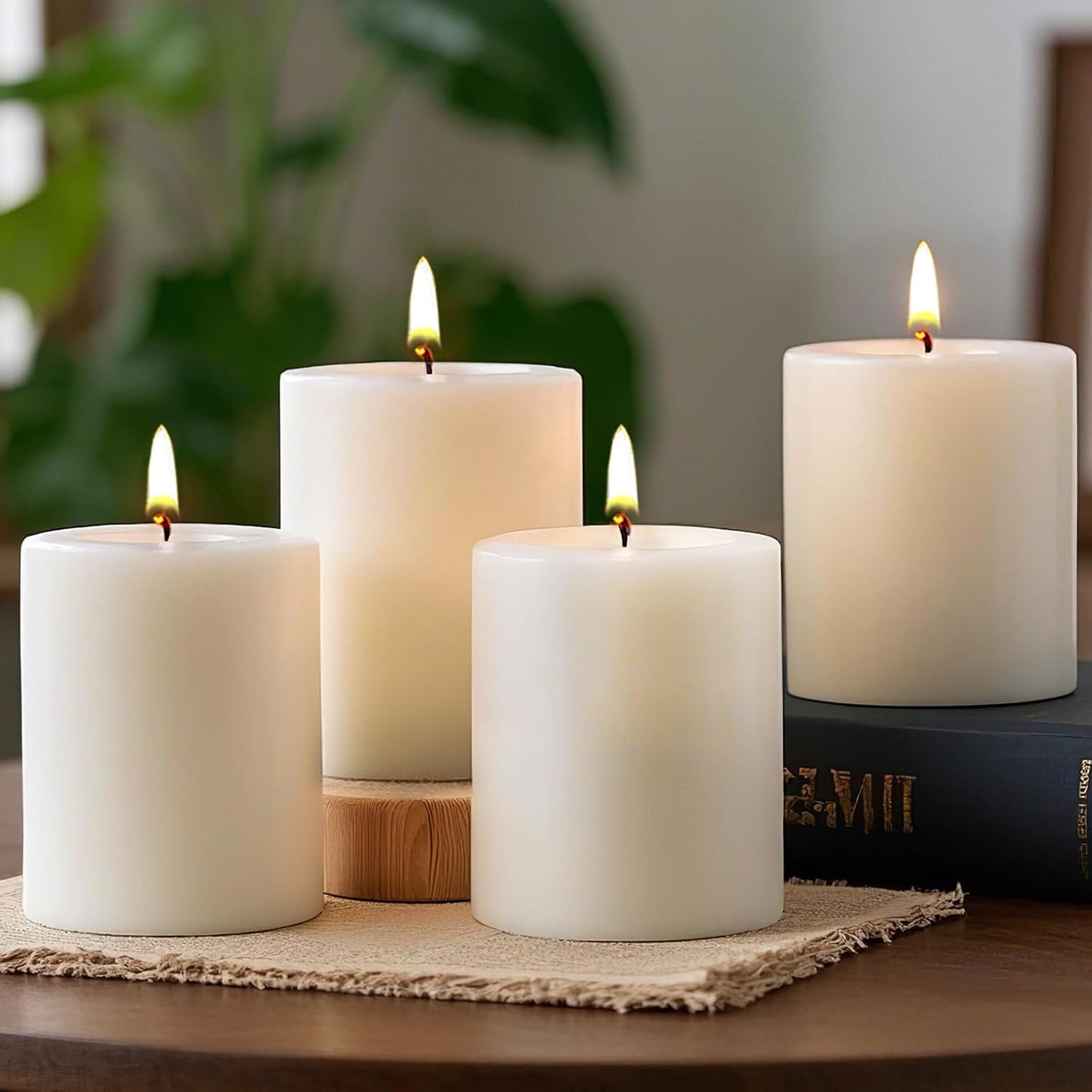 Uscented Pillar Candles, Ivory Pillar Candle Set of 4, 3 x 3 Inch Dripless and Smokeless Large Pillar Candles for Dinner Table, Christmas and Home Decor 45 Hours Long Burning Time