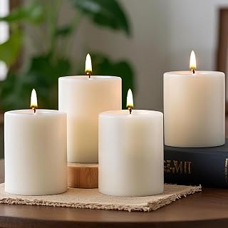 Uscented Pillar Candles, Ivory Pillar Candle Set of 4, 3 x 3 Inch Dripless and Smokeless Large Pillar Candles for Dinner Table, Christmas and Home Decor 45 Hours Long Burning Time