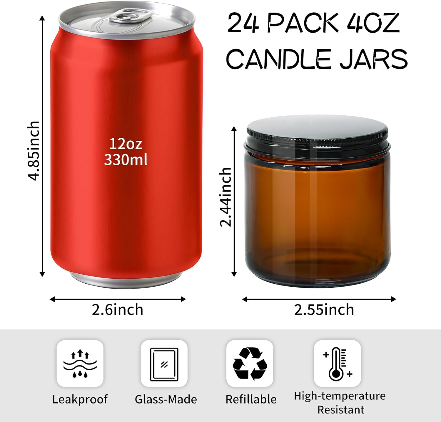 KEYWING 4 oz Candle Jars with Lids, 24 PCS Amber Glass Jars with Black Metal Lids, Round Candle Containers, Empty Jar for Candles Making, Powder, Liquid, Cream