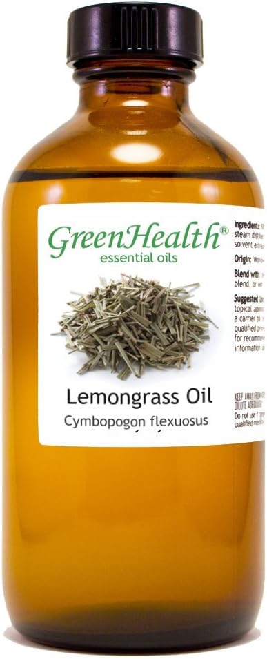 GreenHealth Lemongrass - 8 fl oz (237 ml) Glass Bottle with Cap - 100% Pure Essential Oil
