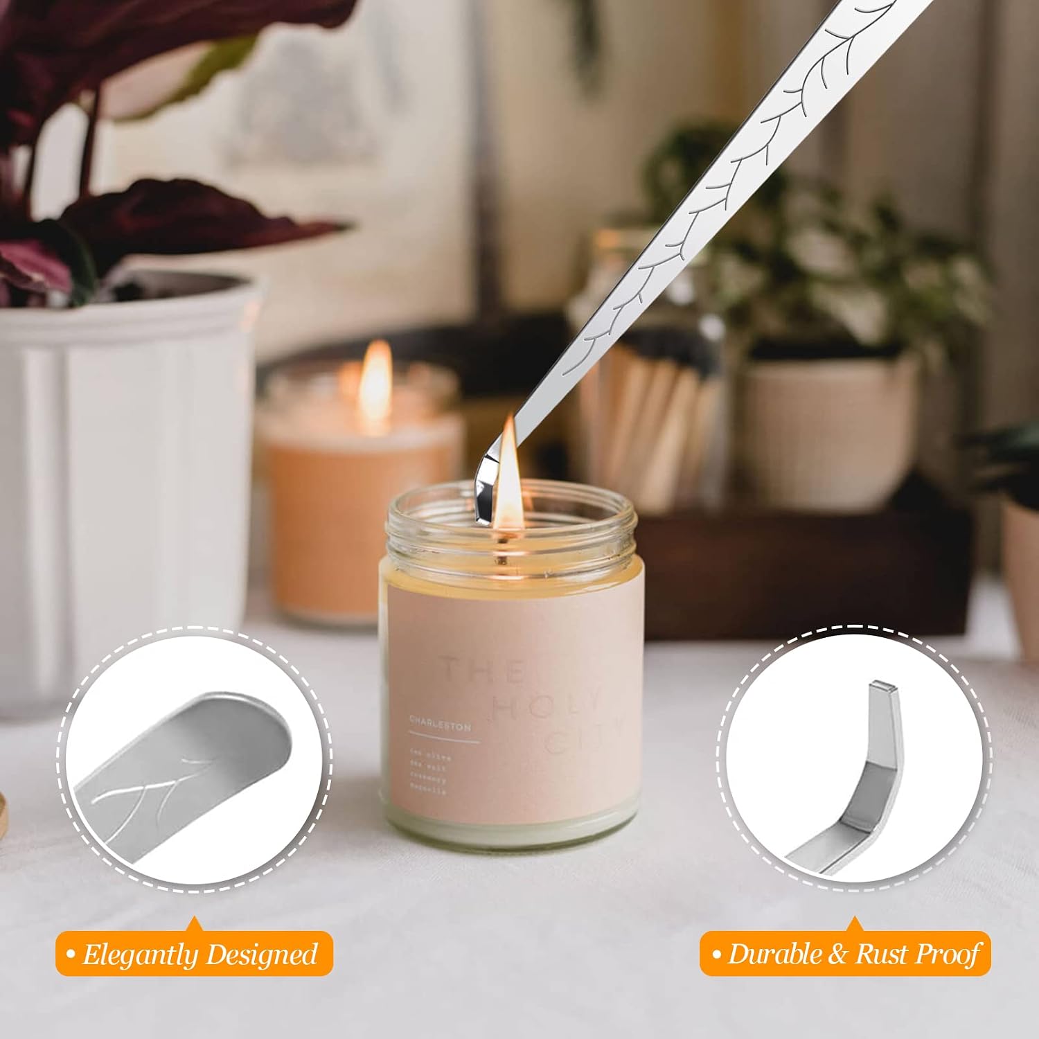 5Pcs Candle Accessory Set with Rechargeable Electric Lighter, Storage Tray, Wick Trimmer, Snuffer, Dipper - Stainless Steel Care Kit with Gift Package for Candle Lovers - Silver