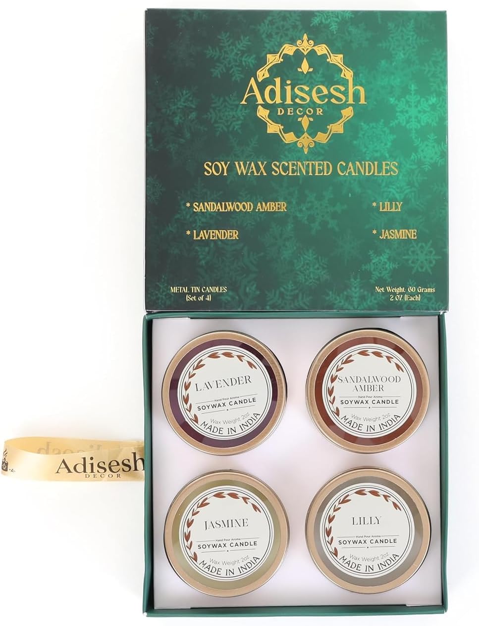 Metal Tin Soy Wax Scented Candles Gift Set - 4 Aromatic Flavors (Sandalwood Amber, Lavender, Lily, Jasmine) | Scented Candles for Home Decoration, Burn Time 14-15 Hrs Each