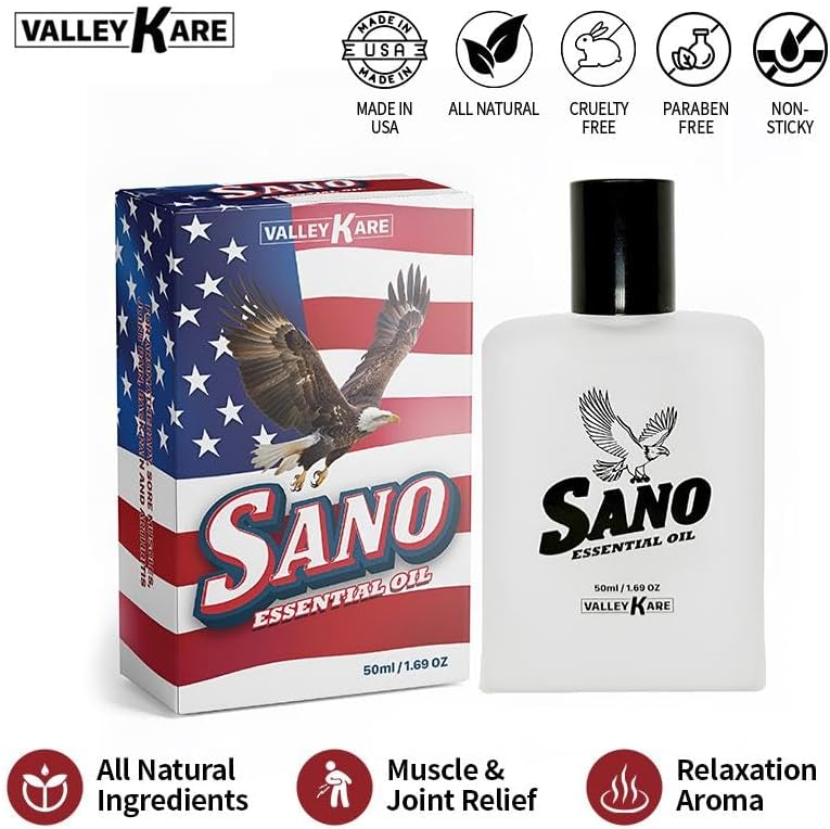 Sano Essential Oil - All Natural Oil for Muscle Soreness Joint Discomfort Relief, Tension Headache and Migraine, Stress Relief, Calming and Relaxing Sensation - 1.69 fl oz