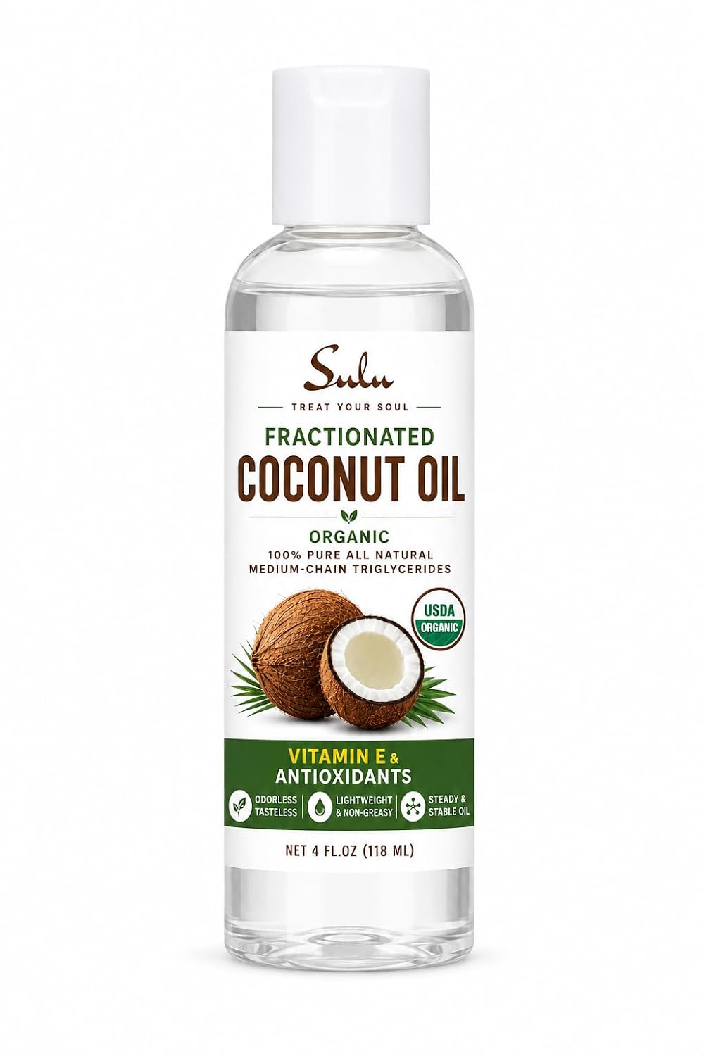 100% Pure Kosher Organic Fractionated Coconut Oil All Natural 4 Oz(118 ml)