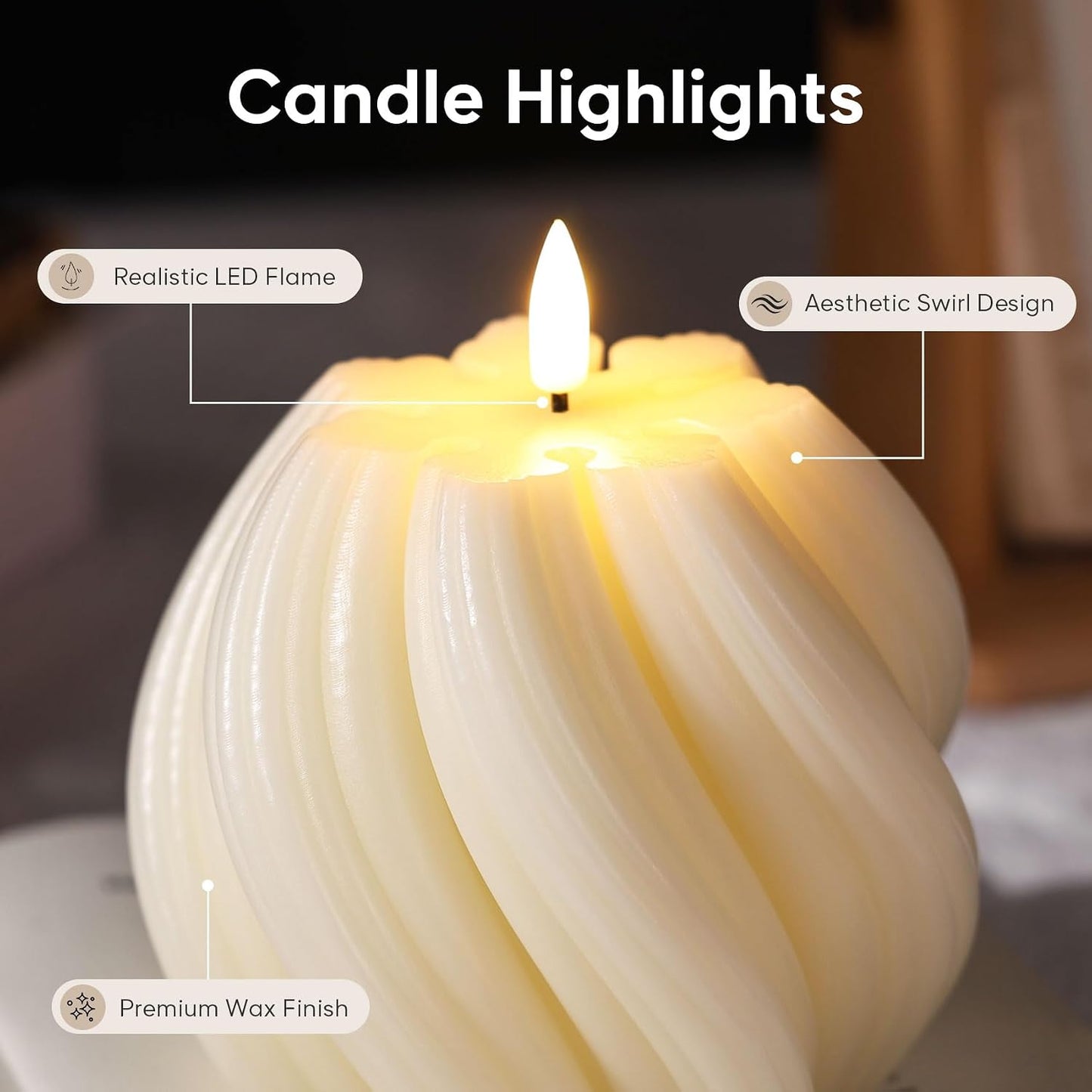 Cream White Swirl Flameless Candles with Remote, Aesthetic Twirl LED Pillar Candle Housewarming Gift Home Shelf Decor Set of 2