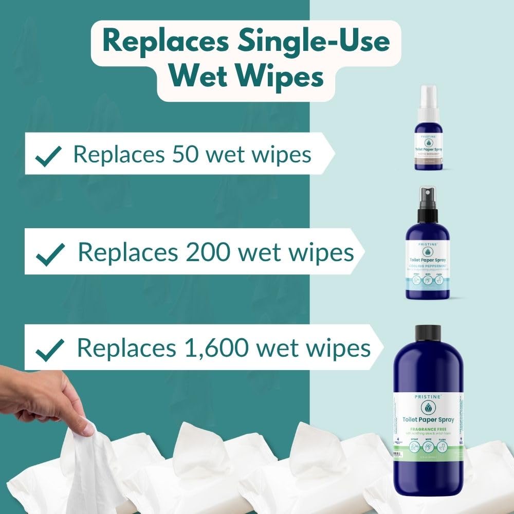 PRISTINE Toilet Paper Spray, As Seen on Shark Tank, Flushable Wipe Alternative, Personal Cleansing Bathroom Spray for Regular Toilet Tissue, Bidet Alternative, Made in USA, Cooling Peppermint, 4oz