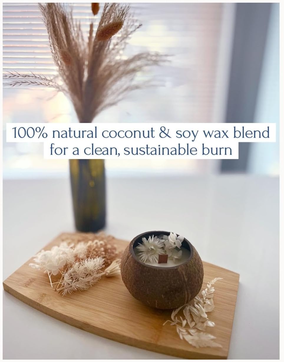 Coconut Shell Candle with Wooden Wick – Lavender Scented, 100% Natural Coconut & Soy Wax, Hand-Poured, Eco-Friendly Decorative Candle, 6oz Gift