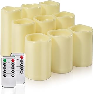 Homemory 9 Pack Flameless Candles, Outdoor Waterproof, Battery Operated LED Pillar Candles with Remote Control and Timer, Plastic, Long Lasting