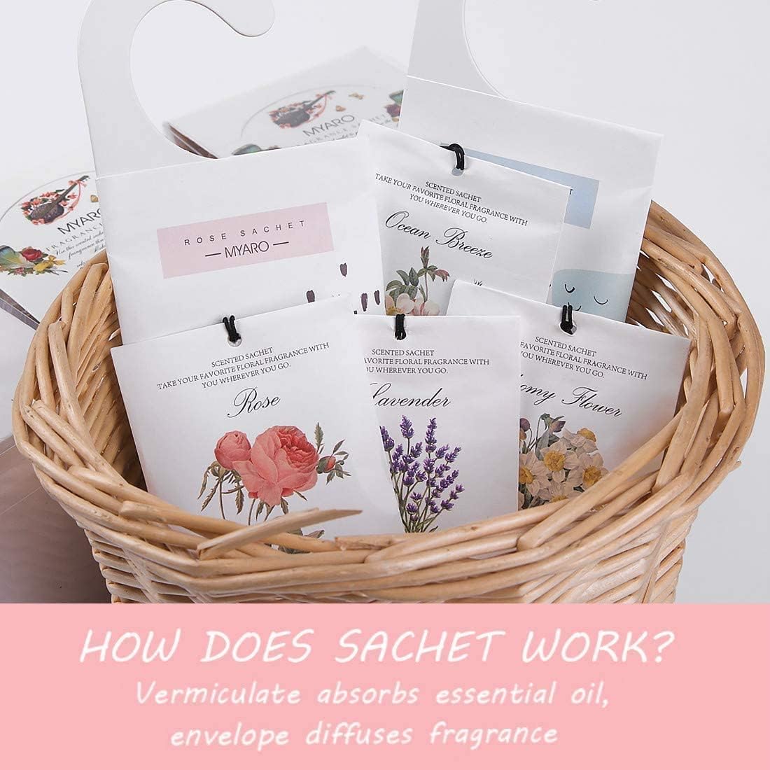 MYARO 24 Packs Scented Sachets for Drawer and Closet, Long-Lasting Sachets Bags Home Fragrance Sachet 6 Scents Option- Lavender, Rose, Jasmine, Ocean, Gardenia, Lily
