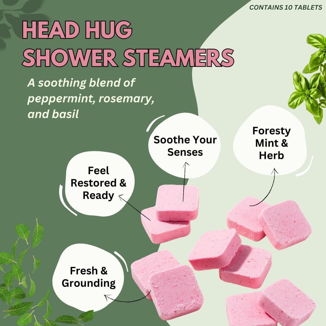 Head Hug Shower Steamers Aromatherapy for Relief - USA Made Mothers Day Gift for Mom - Peppermint & Rosemary Shower Bomb Tablets – Soothing Natural Essential Oils (10 Pack)