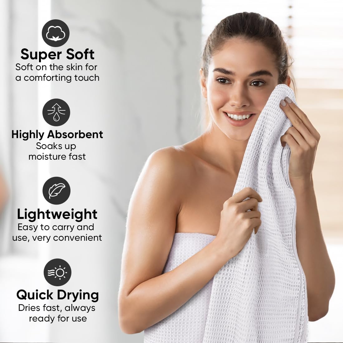 HOMEXCEL Waffle Bath Towels Set 4 Pack, Premium Microfiber Bathroom Towels, Ultra Soft, Lightweight, Highly Absorbent and Quick Dry Towel for Bathroom, Gym, Shower, Hotel, and Spa, 30 x 60 Inch, White