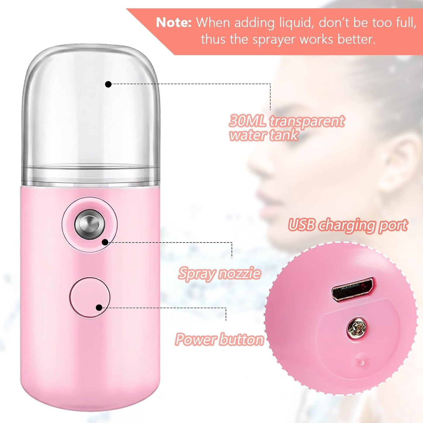 Mudder 4 Pcs Nano Facial Mister Handy Nano Mist Sprayer 30ml Visual Water Tank Portable Face Steamer Mini USB Mister for Lash Extensions, Skin Care, Makeup(Black, Blue, Light Pink, Pink)