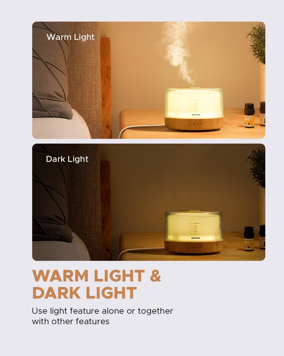 muson Essential Oil Diffuser Sound Machine Combo Diffuser for Aromatherapy Fragrant Oil Cool Mist Humidifier with Natural Sound Music & Warm Night Light, Auto Shutoff, White