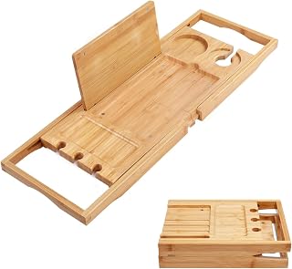 Utoplike Bamboo Bathtub Caddy Tray Bath Tray for Tub, Adjustable Bathroom Bathtub Organizer with Book Tablet Wine Glass Cup Towel Holder (24.5"-37.4")