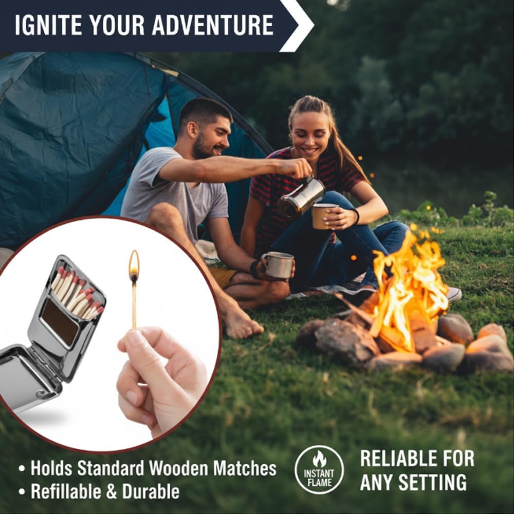 2 Pcs Portable Metal Match Storage Case with Striker Friction Plate, Reusable Stainless Steel Matchstick Holder Container, Moisture-Resistant One-Button Pocket Box for Camping, BBQ, and Survival Gear