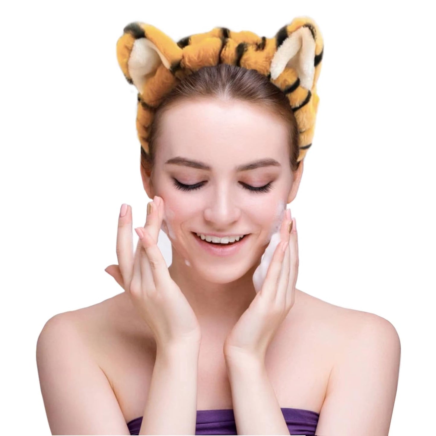 2 PCS Women Animal Ear Tiger Print Fuzzy Hairband Makeup Headband Elastic Stretch Head Wrap for Skincare Spa