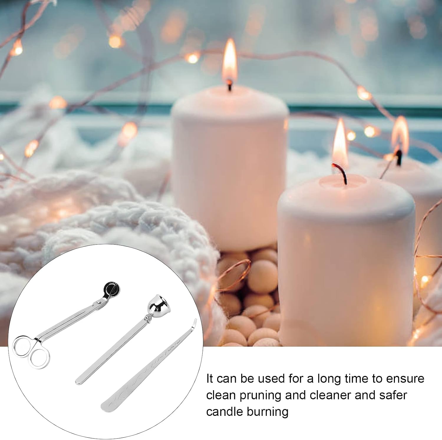 Silver Candle Tool Set, Stainless Steel Candle Wick Trimmer and Dipper, Elegant Design with Wick Scissors Hook and Extinguisher for Aromatherapy Candles, for Candle Lo