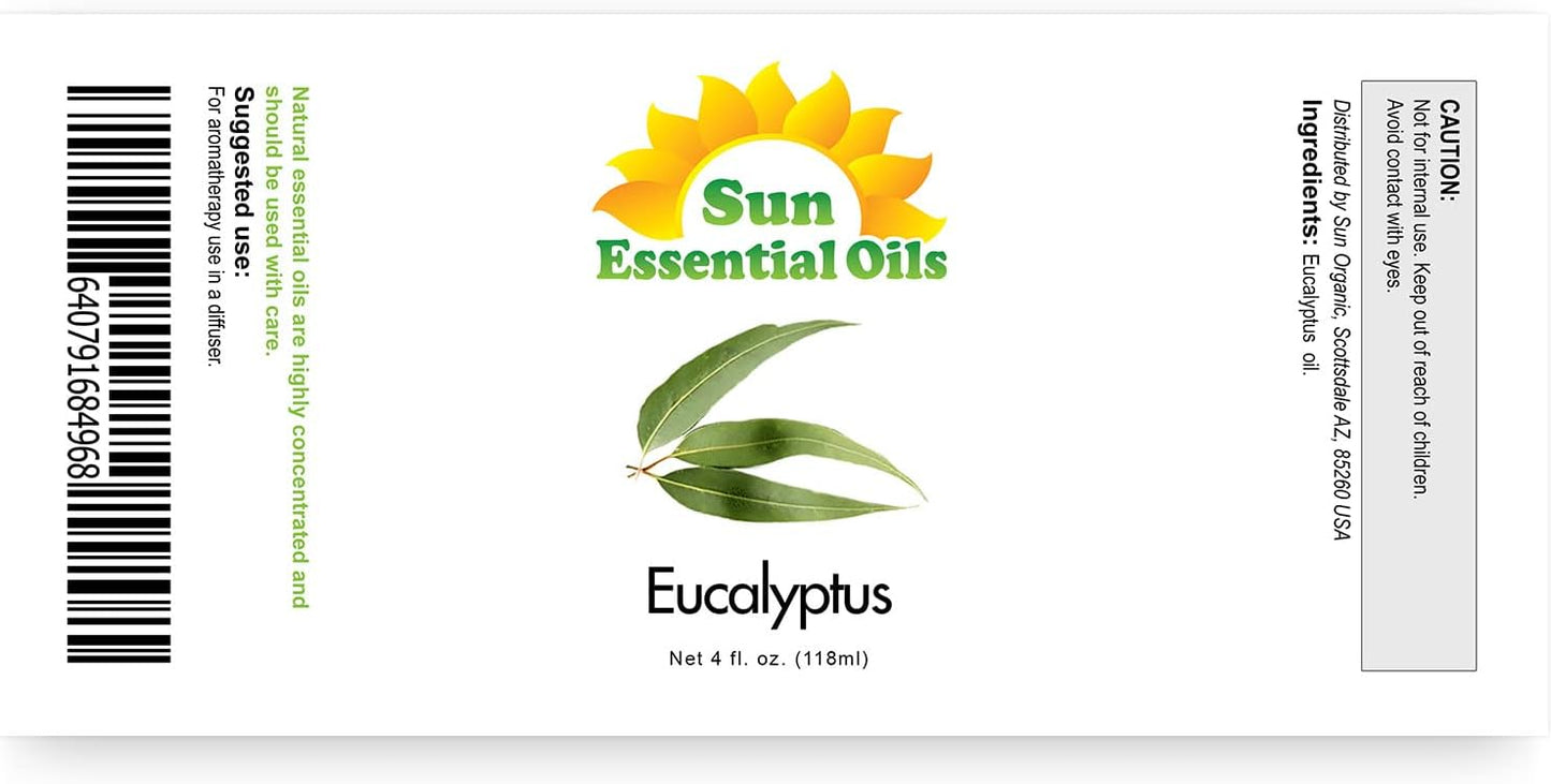 Sun Essentials Oils - 4 oz Eucalyptus Essential Oil with Dropper for Diffuser, Skin, Aromatherapy Massage, Humidifier, Scent for Candle, Lotion & Soap Making at Home, Fragrance for Room