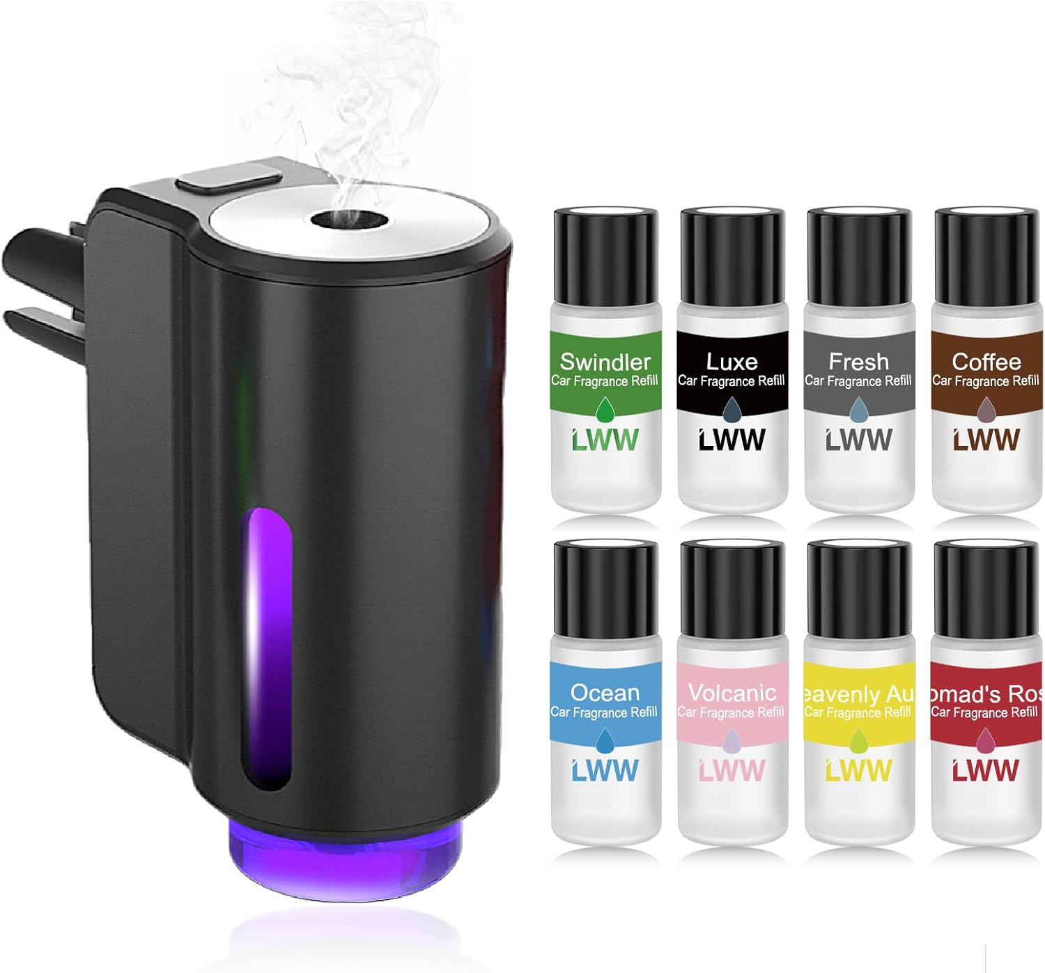 Smart Car Aroma Diffuser - 3 Adjustable Modes, Rechargeable, with Breathing Light, with Ventilation Clip - with 8 10ml Bottles of Fragrance, Car Air Freshener Essential Oil Diffuser (Black)