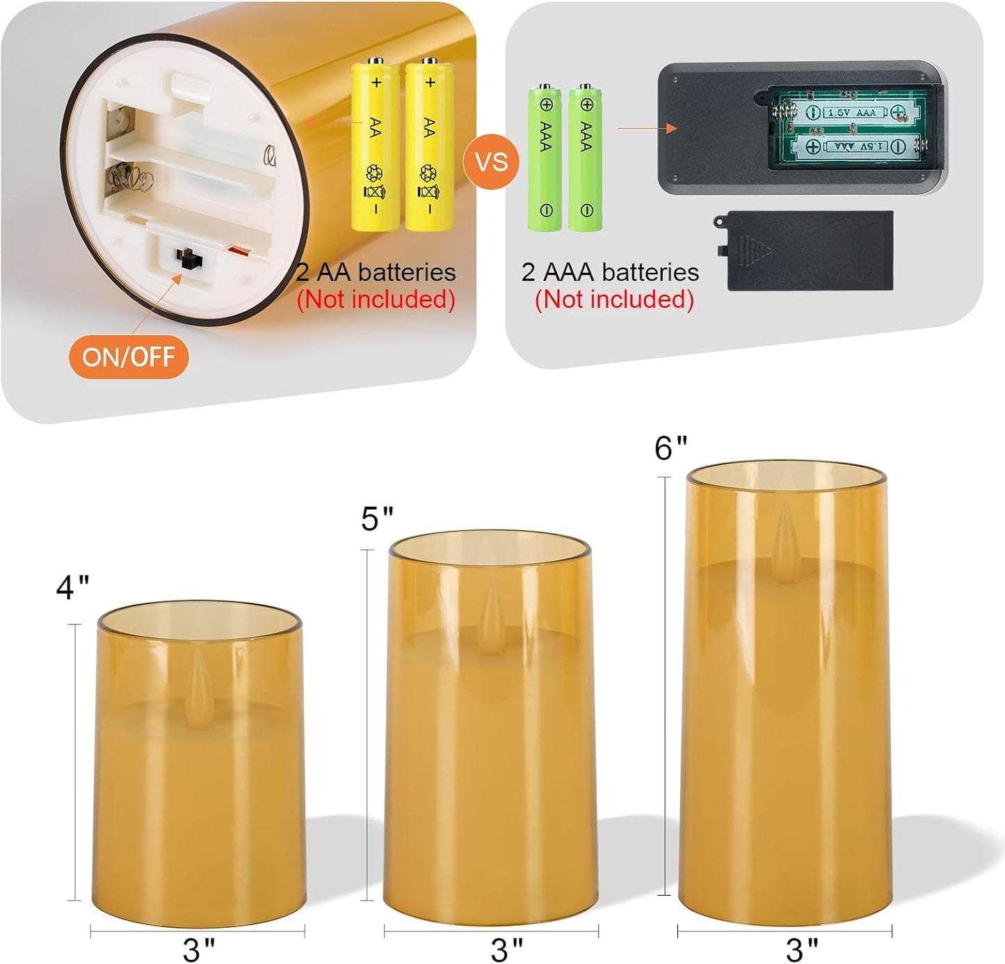 Homemory Realistic Flickering Flameless Candles, Battery Operated Candles with Remote Control and Timer, LED Fake Electric Candle for Home, Christmas Decoration, Gold, Set of 3