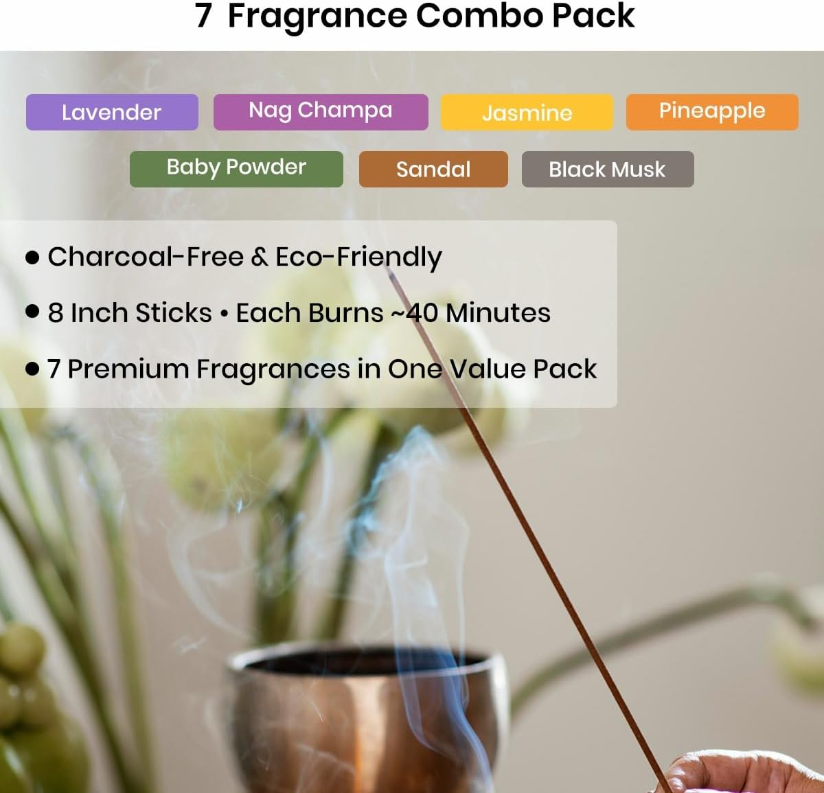 Incense Sticks Variety Pack 7 Luxury Fragrances - Nag Champa, French Lavender, Jasmine, Sandalwood, Pineapple, Black Musk, Baby Powder Incense for Meditation, Yoga & Home Aroma, Krishnascents