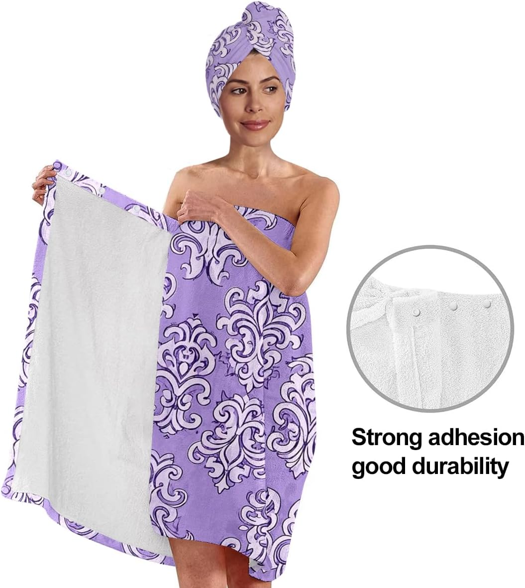 YWMAN Microfiber Bath Wrap Set with Hair Turban, Purple Damask Pattern, Soft Spa Shower Towel Wrap, Women's Bath Accessories, Fits 39.4-59 inch Chest
