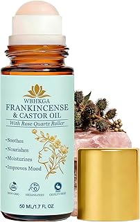 Castor Oil & Frankincense Roll On - Real Red Rose Quartz Eye Roller (Not Plastic) - Pure Cold Pressed Face Serum for Dark Circles, Fine Lines, Wrinkles & Puffiness (50ml / 1.7 fl.oz (1 Pack))