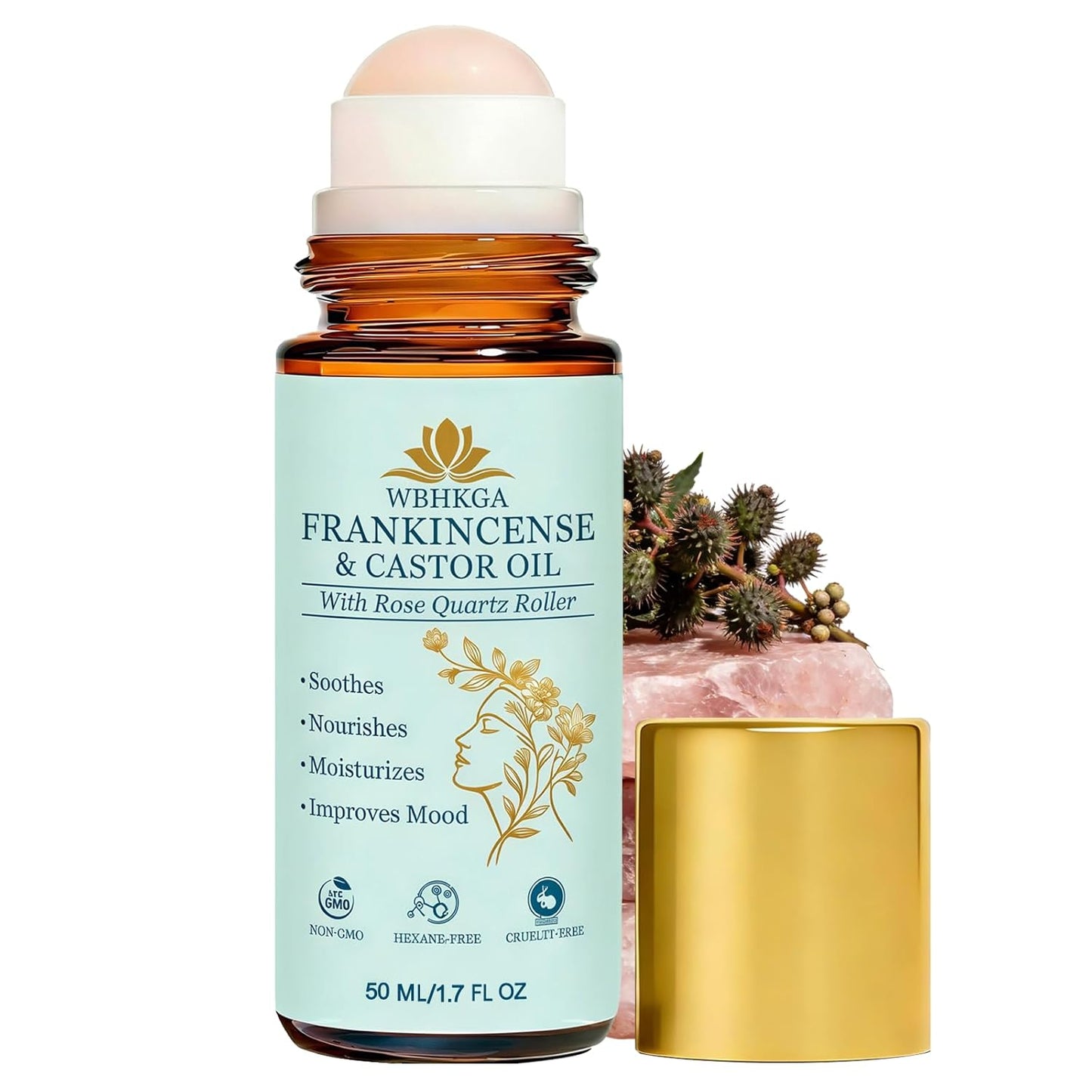 Castor Oil & Frankincense Roll On - Real Red Rose Quartz Eye Roller (Not Plastic) - Pure Cold Pressed Face Serum for Dark Circles, Fine Lines, Wrinkles & Puffiness (50ml / 1.7 fl.oz (1 Pack))