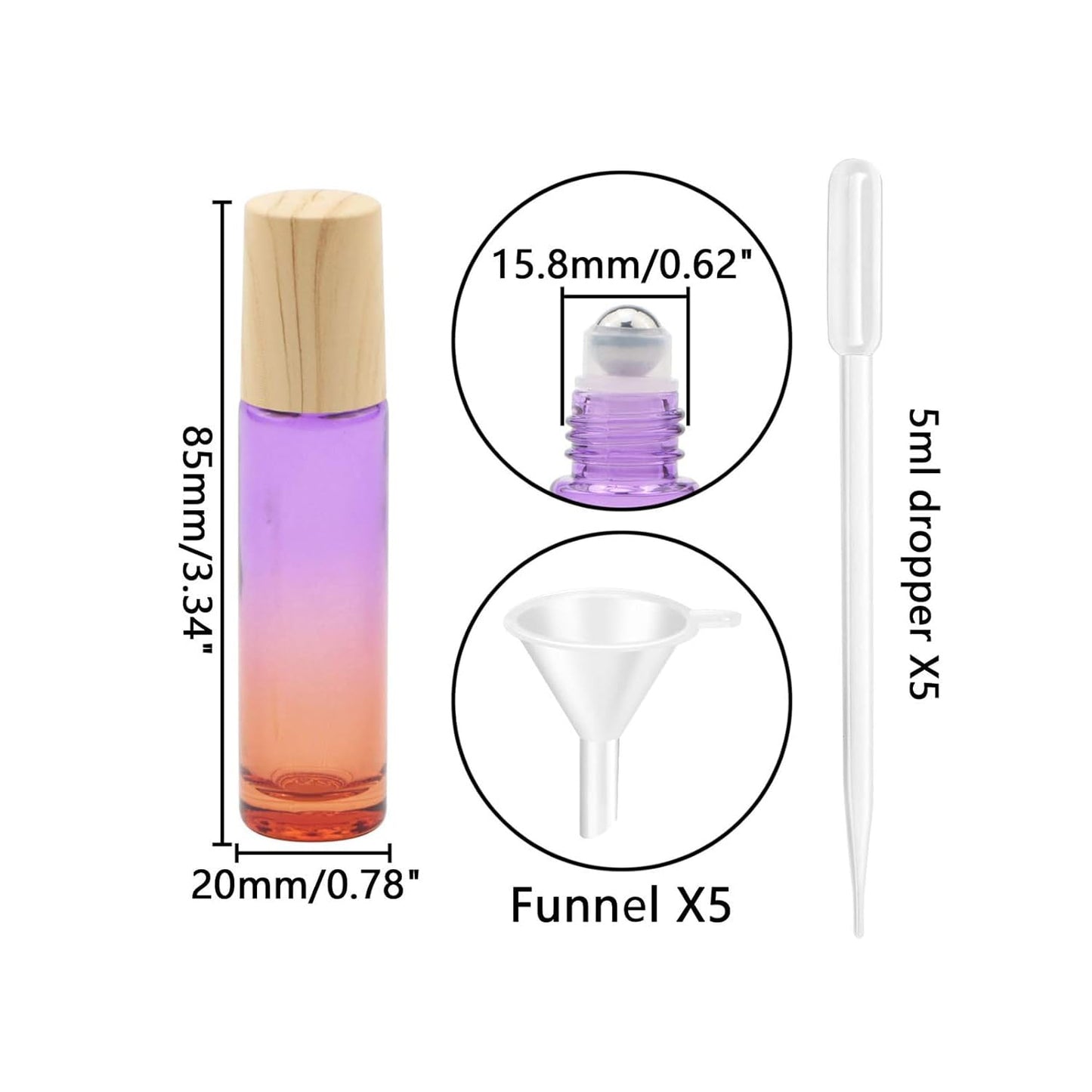 Kesell 10 Pack 5ml Glass Roll on Bottle Small Purple-orange Gradient Essential Oil Roller Bottles with Stainless Steel Roller Ball and Plastic Lid for Aromatherapy, Essential Oils, Perfumes Vials