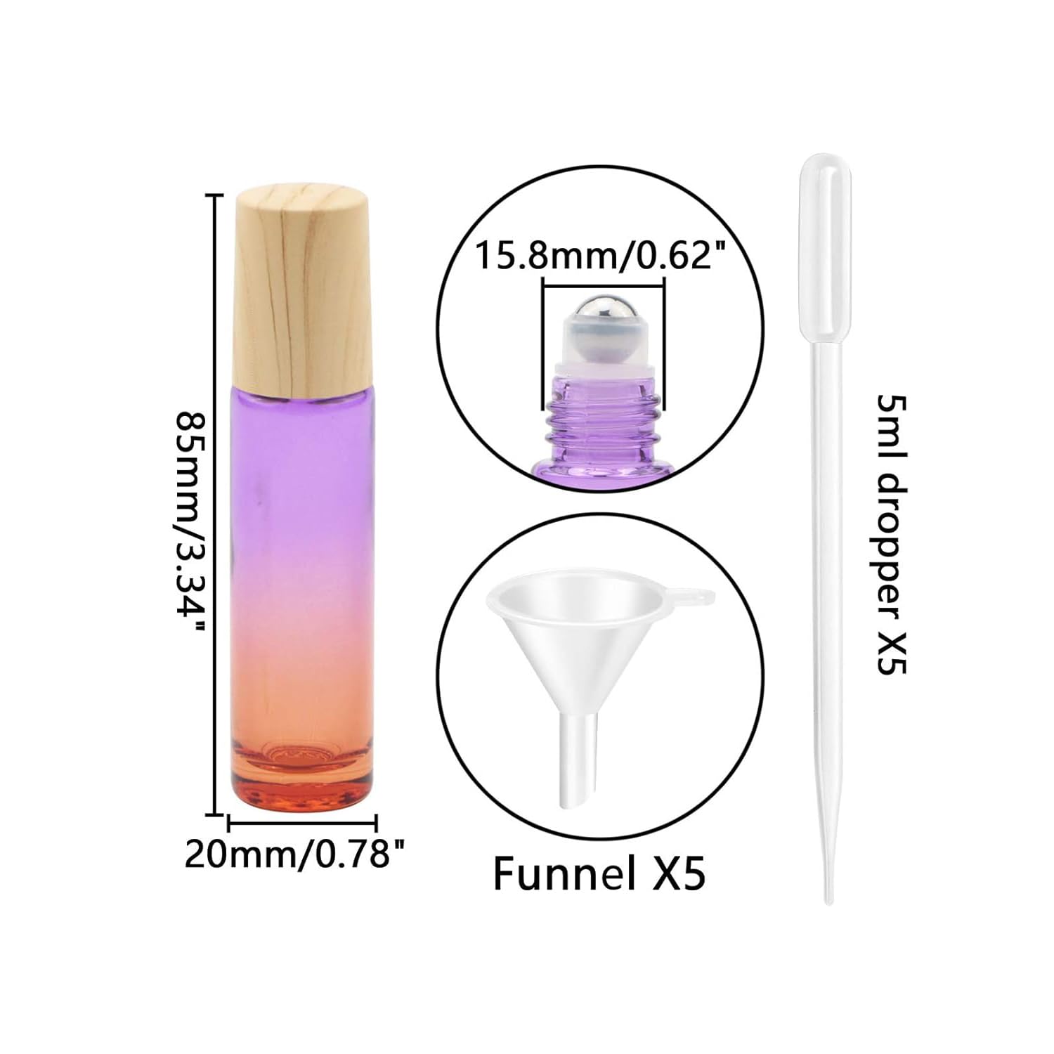Kesell 10 Pack 5ml Glass Roll on Bottle Small Purple-orange Gradient Essential Oil Roller Bottles with Stainless Steel Roller Ball and Plastic Lid for Aromatherapy, Essential Oils, Perfumes Vials