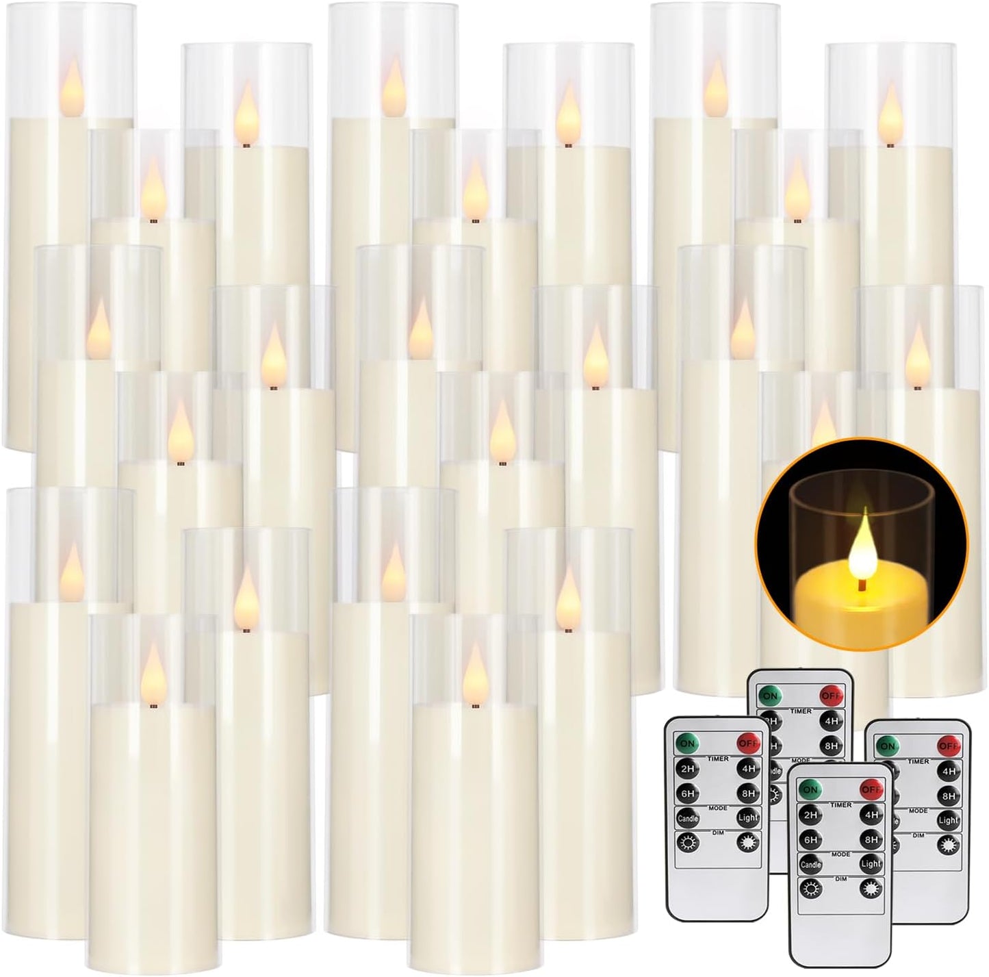 24-Pack LED Flameless Candles(14/16/18cm) with 4 Timers Remote - 3D Flickering Flame, Clear, Perfect Decor for Home & Events.