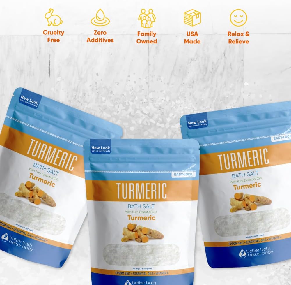 Turmeric Bath Salt (3 Pack 6 Lbs Total) Soothing Bath Aromatherapy Pure Essential Oils in BPA Free Pouch with Press Lock Seal Made in USA Three 2 Lbs Bundle