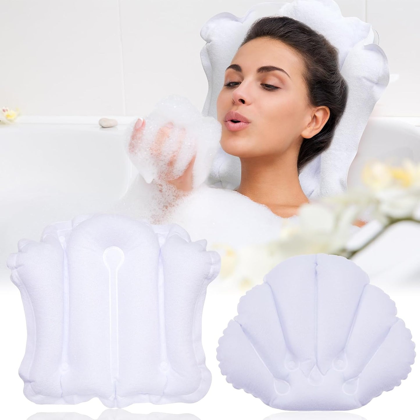 Jetec 2 Pcs Inflatable Bath Pillow with Suction Cup Terry Cloth Covered Bath Pillow Shell Shape Bathtub Spa Pillows Comfortable Soft Cushion Neck Support Fits All Pool Bathroom Home Spa Hot Tub