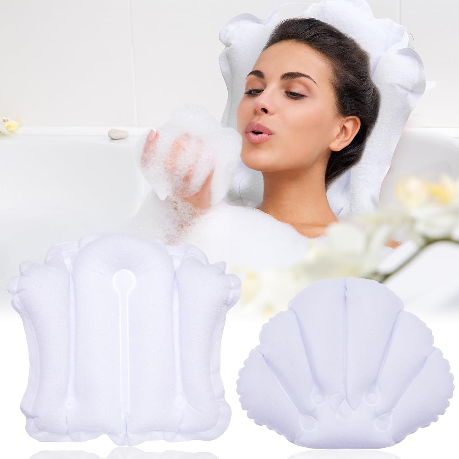 Jetec 2 Pcs Inflatable Bath Pillow with Suction Cup Terry Cloth Covered Bath Pillow Shell Shape Bathtub Spa Pillows Comfortable Soft Cushion Neck Support Fits All Pool Bathroom Home Spa Hot Tub