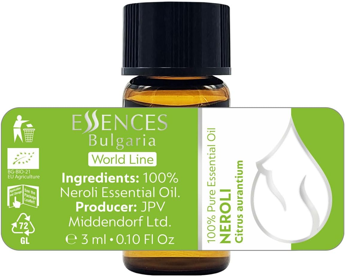 Essences Bulgaria Organic Neroli Essential Oil 0.1 Fl Oz | 3ml | Citrus aurantium | 100% Pure and Natural | Undiluted | Therapeutic Grade | Aromatherapy | Cosmetics | Cruelty Free | Non-GMO | Vegan