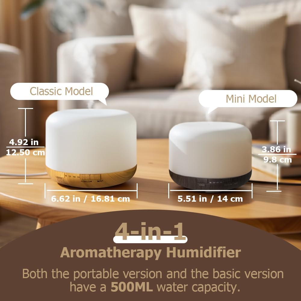 500ml Essential Oil Diffuser,Quiet 4-in-1 Ultrasonic Aromatherapy Humidifier,7 Color LED Lights,Timer & Auto-Off,BPA Free,Large Capacity Room Fragrance(Deep Woodgrain, Mini Model)