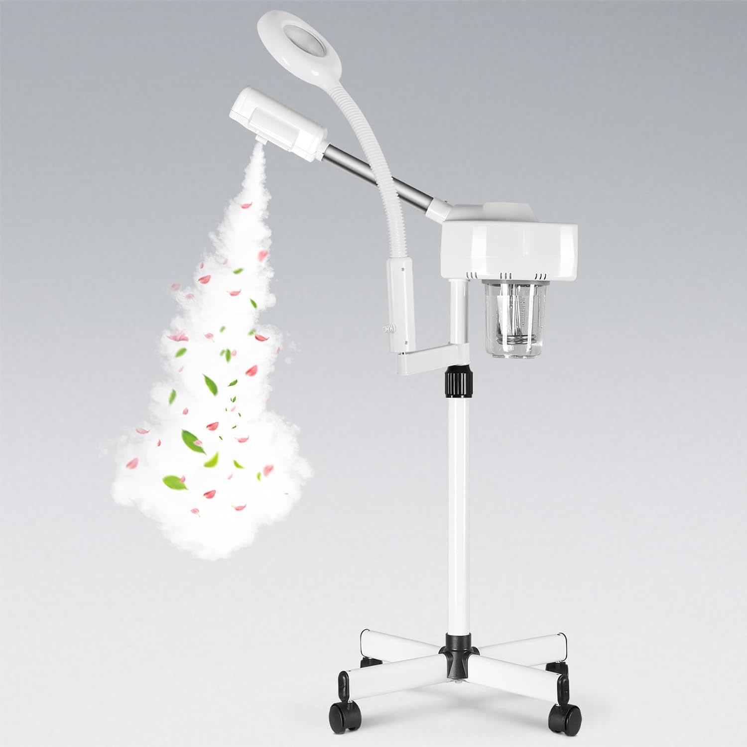 2 in 1 Facial Steamer Professional Nano Ionic Face Deep Cleansing Hydration with 5X Magnifying LED Lamp & Rolling Wheels, High Frequency, Portable Home Spa Salon Beauty Skin Care Equipment
