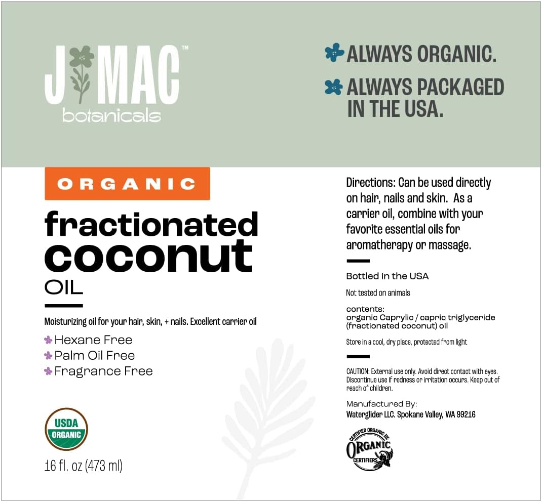 J Mac Botanicals, Organic Fractionated Coconut Oil (16 oz. with a Pump) Carrier Oil for diluting Essential Oils, Leave in Conditioner for Dry Damaged Hair, Skin, Massage