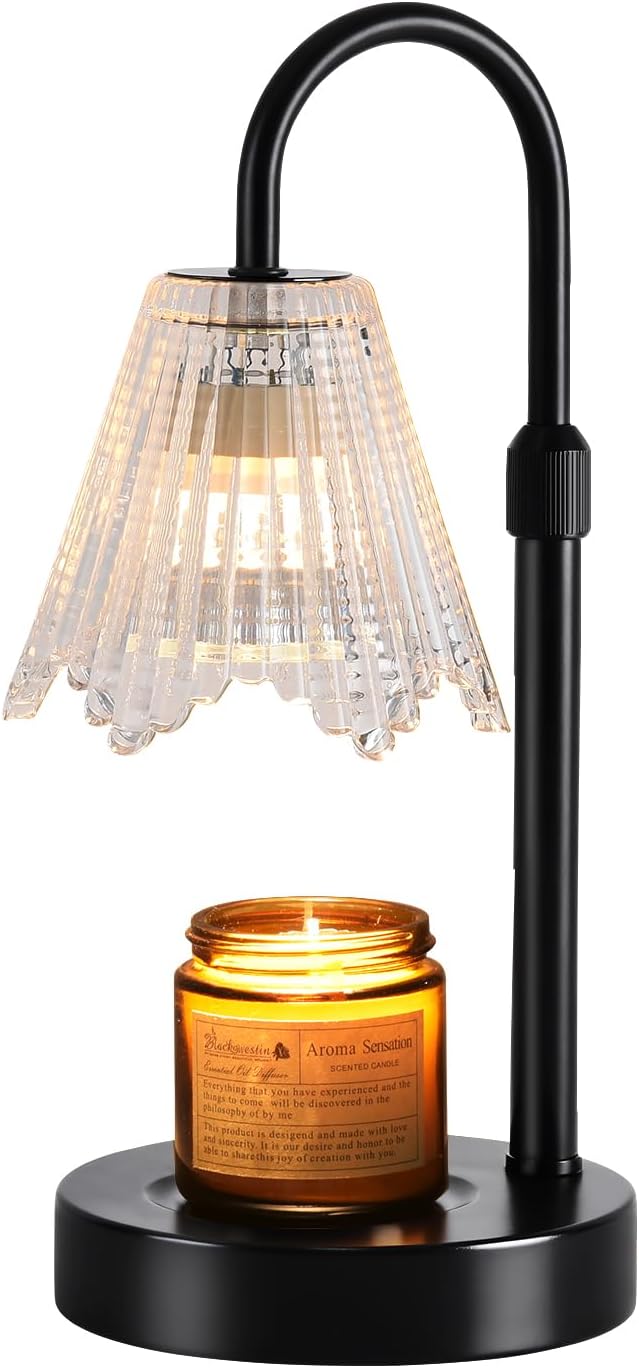 Candle Warmer Lamp, Black Metal, Crystal Glass Shade, Electric Candle Melter with Adjustable Gooseneck, Smoke-Free Safe Design for Home